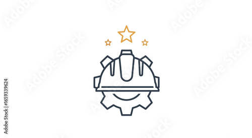 Conceptual vector artwork depicting a construction hard hat resting on a gear mechanism, adorned with stars, signifying superior safety standards, engineering quality, and project success.