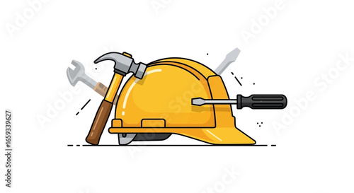 Professional tools for safety and construction An illustration with a yellow hard hat, hammer, wrench, screwdrivers, symbolizing skilled work.