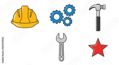 Construction and Engineering Icons Hard Hat, Gears, Hammer, Wrench, and Star - Vector Set