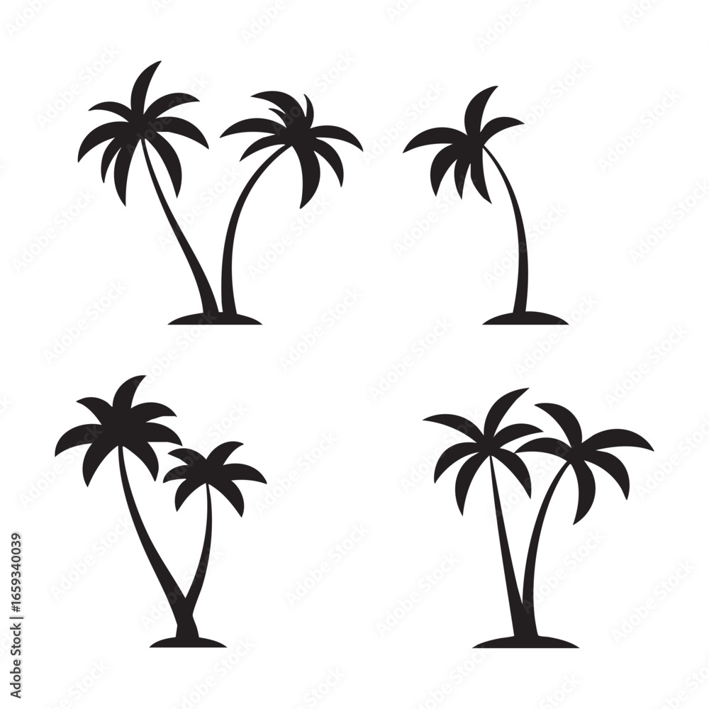 Fototapeta premium Four palm tree silhouettes isolated on white background