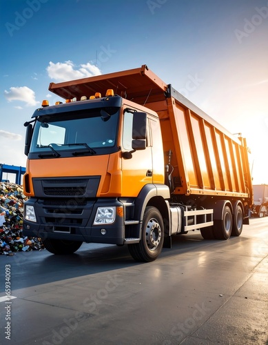 Orange dump truck at sunset