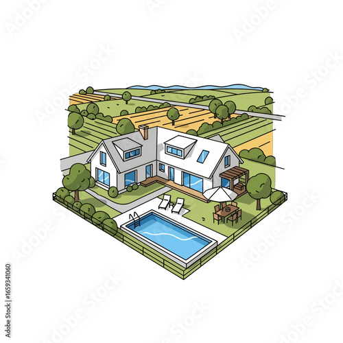 Isometric View of a White Two Story House with a Pool Set in a Green Grassy Yard with a Brown Field Backdrop in Detailed Pixel Art Style