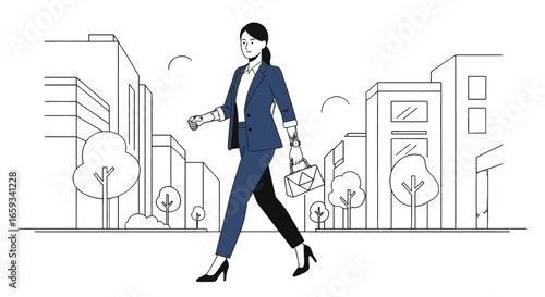 Professional Woman in Blue Suit Walking in a Stylized Urban Setting with Geometric Cityscape and Trees