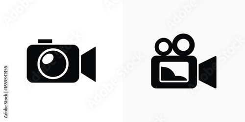 Two different black camera symbols on a white, plain, and unpatterned background