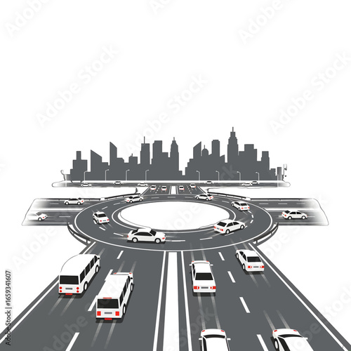 Urban Roundabout Illustration with Cars Buses and Gray Scale Buildings Silhouette and White Background