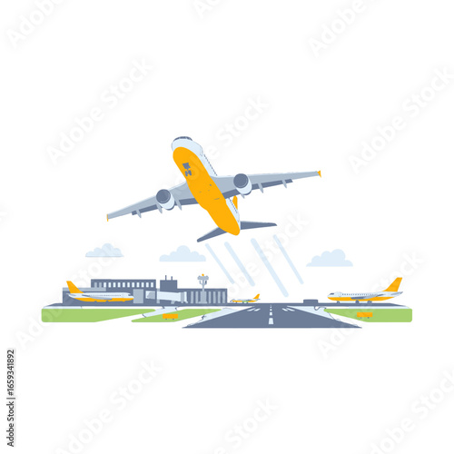 Pixel Art Style Airplane Taking off from Airport Runway on Clear Day with Terminal and Blue Sky