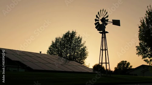 Windmill and Solar Panels at Sunset Sustainable Energy in Motion