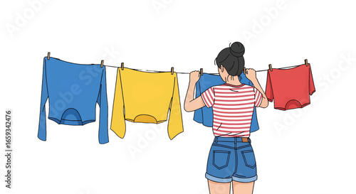 Woman Hanging Laundry on Clothesline with Colorful Shirts in Simple Cartoon Style Depicting Domestic Life