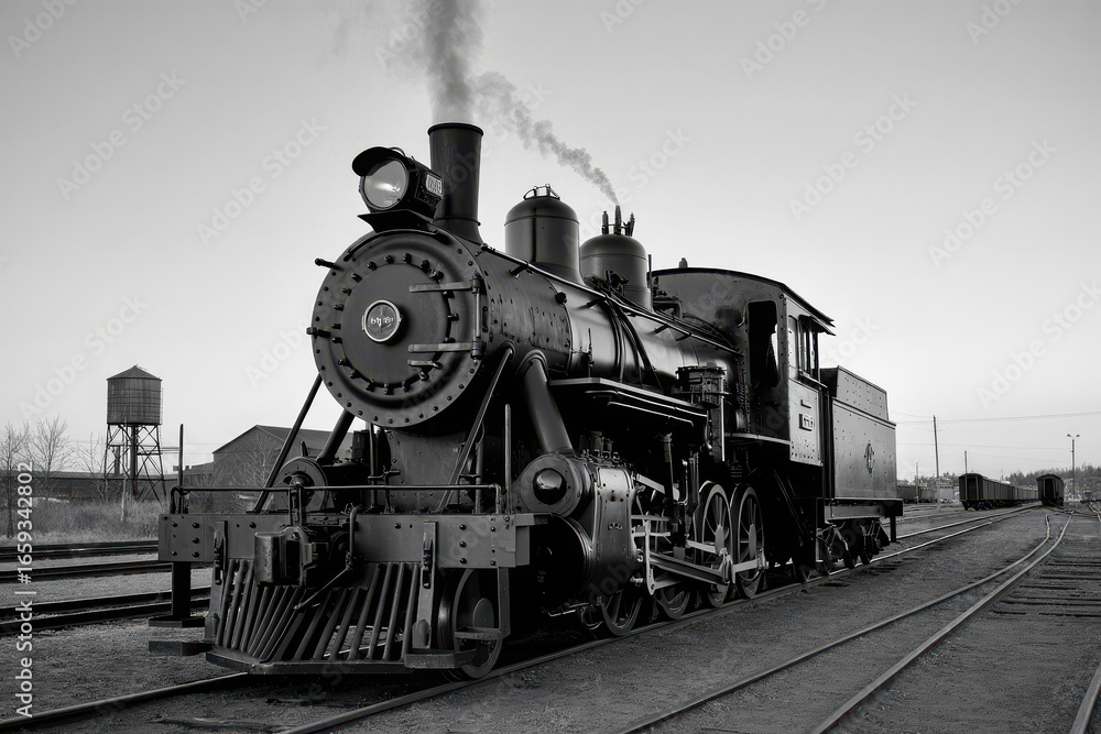 Fototapeta premium Vintage steam locomotive moving along train tracks