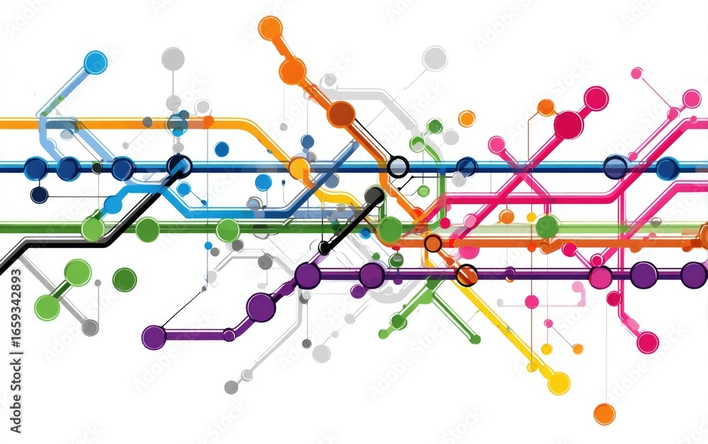 Naklejka premium A vibrant abstract illustration featuring interconnected lines and colorful dots, symbolizing connectivity and innovation in technology and design.