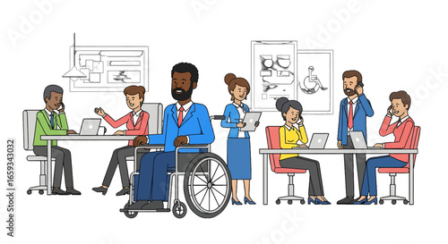 Diverse Business Team Working in Bright Modern Office Including a Man in a Wheelchair in Professional Attire Sharing Ideas During Meeting