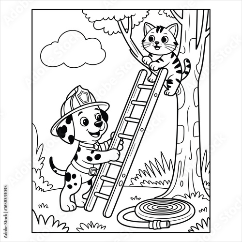 Cute Firefighter Coloring Page Cartoon Puppy Rescuing Cat from Tree Illustration