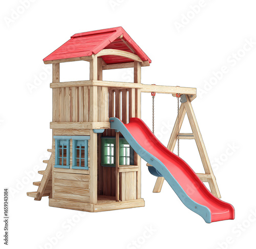 Wooden playhouse with slide and swing