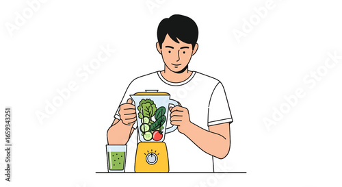 Young Man Making Green Smoothie in Kitchen with White Background Digital Illustration for Healthy Lifestyle and Nutrition