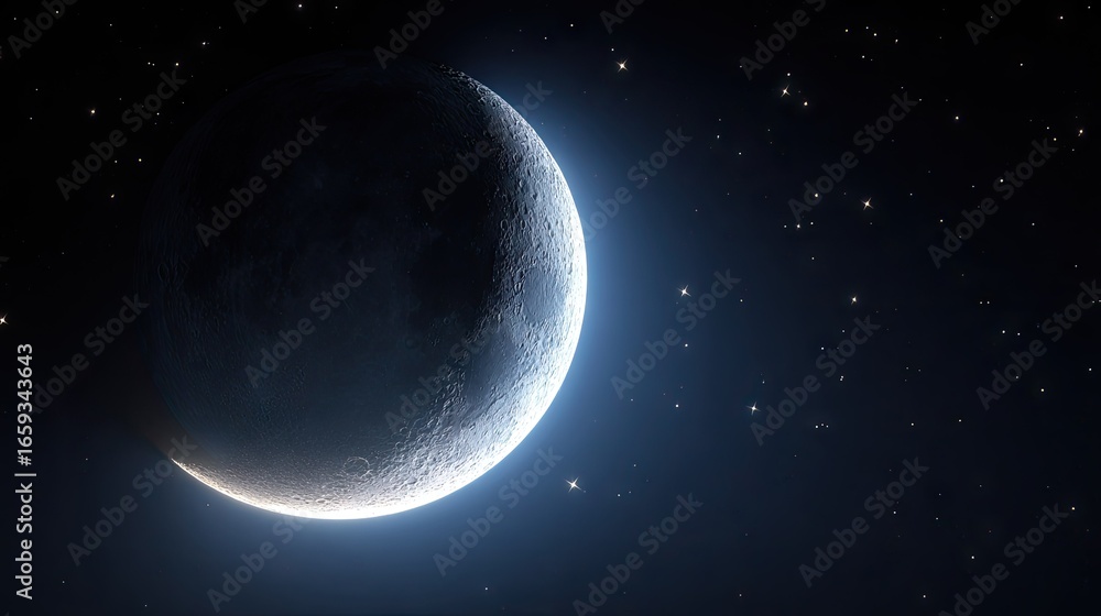 Fototapeta premium Crescent moon bathed in starlight against a dark night sky.