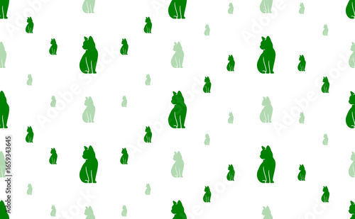 Seamless pattern of large and small green cat symbols. The elements are arranged in a wavy. Illustration on light green background