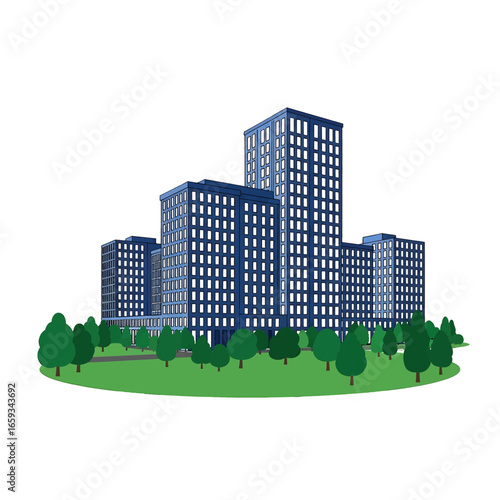 Detailed Building Complex Illustration With Blue Windows Green Trees Lawn Against White Background Modern Urban Architecture Design and Residential Focus