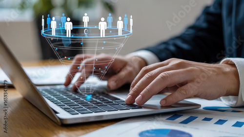 Businessman using laptop with digital marketing funnel for lead generation and sales growth