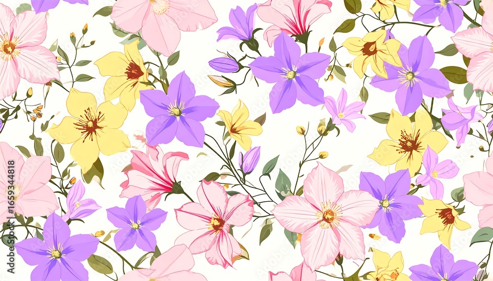 Floral seamless pattern with pastel flowers and leaves Floral seamless pattern with pastel flowers and leaves