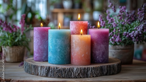 Three aromatic candles in pink, purple, and yellow hues glow softly on a rustic wooden table surrounded by lavender. The warm sunset creates a calming atmosphere perfect for relaxation.