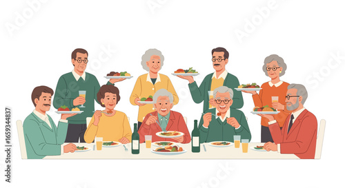 Festive Group Meal Featuring Seniors at Lighted Table with Food in Home Setting for Celebratory Gathering With Friends and Family