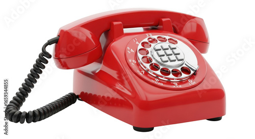 Classic red rotary dial telephone with curly cord isolated on transparent background