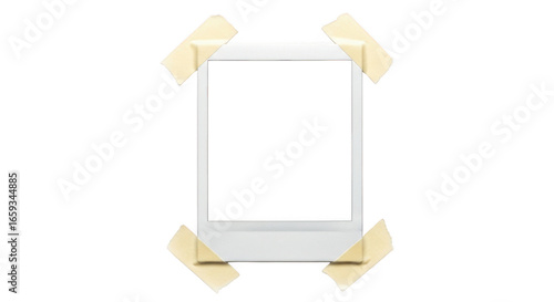 Blank white polaroid photo frame attached with beige tape isolated on transparent background