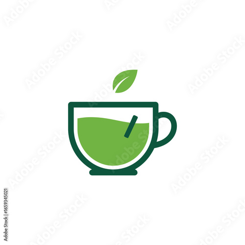 Conceptual illustration of green tea cup icon with leaf and clock hand, embodying concept of natural health, mindful breaks, and refreshing wellness moments.