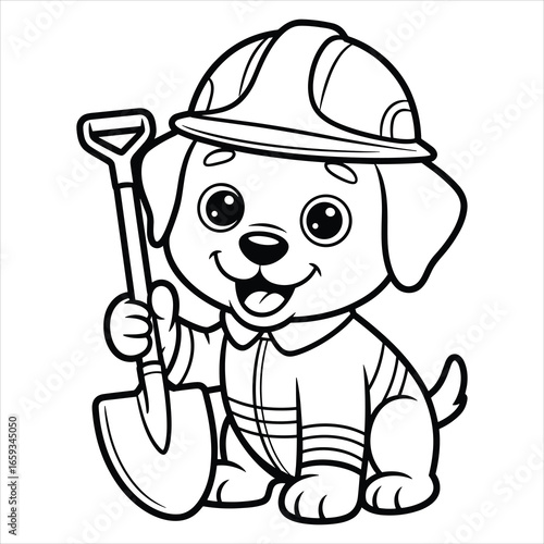 Cute Puppy Construction Worker Coloring Page Vector