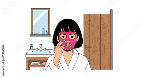 Woman with Pink Facial Mask Applying Cosmetic Cotton in Bright Bathroom for Daily Skincare Treatment and Wellness Pixel Art Style