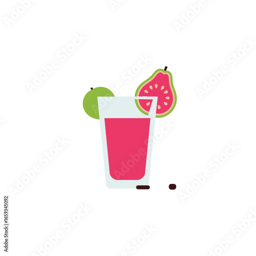 Vibrant and refreshing flat illustration of a delicious pink guava juice served in a clear glass, accompanied by fresh tropical fruit slices, perfect for summer menus.