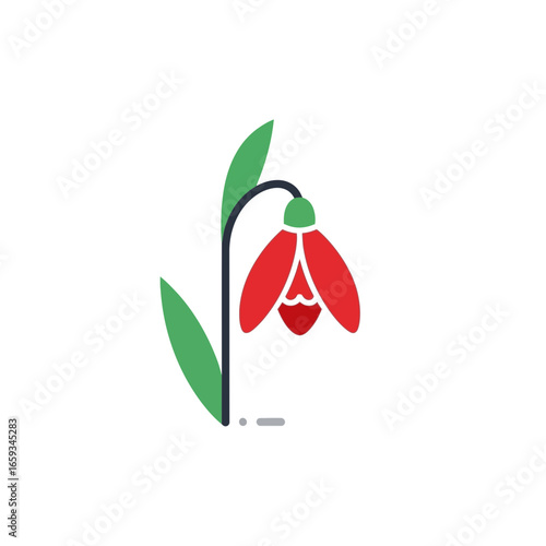 Vector icon of a red bell-shaped flower. Minimalist flat design of a spring blossom with green leaves. Isolated graphic element for nature, garden, floral, and eco concepts.