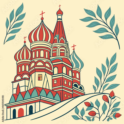 Stylized illustration of saint basil s cathedral with floral elements