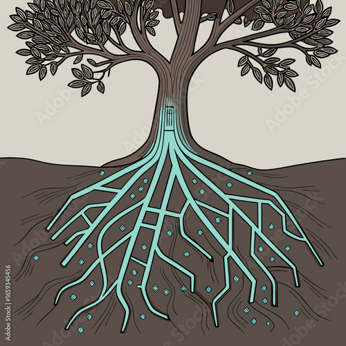 Illustration of a tree s root system showing water absorption and nutrient uptake