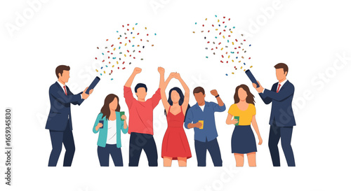 Group of People Celebrating with Confetti in Suits and Dresses with Raised Arms Against White Background