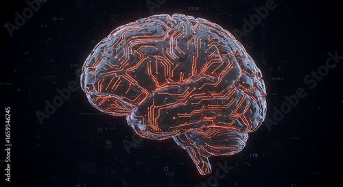 3D digital brain with glowing circuit connections. Futuristic artificial intelligence, neural networks, and advanced technology concept.