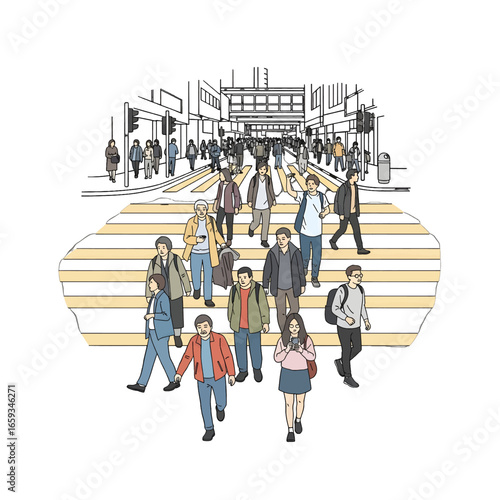 Active People Crossing Street on a Yellow Zebra Crossing in City with Buildings and Pedestrians in Line Art Style