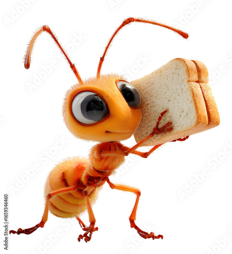 Orange cartoon ant carrying a slice of bread isolated on transparent background