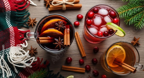 Fototapeta Naklejka Na Ścianę i Meble -  Christmas mulled wine drink holiday winter beverage cinnamon spice orange cranberry festive season warm drink christmas day