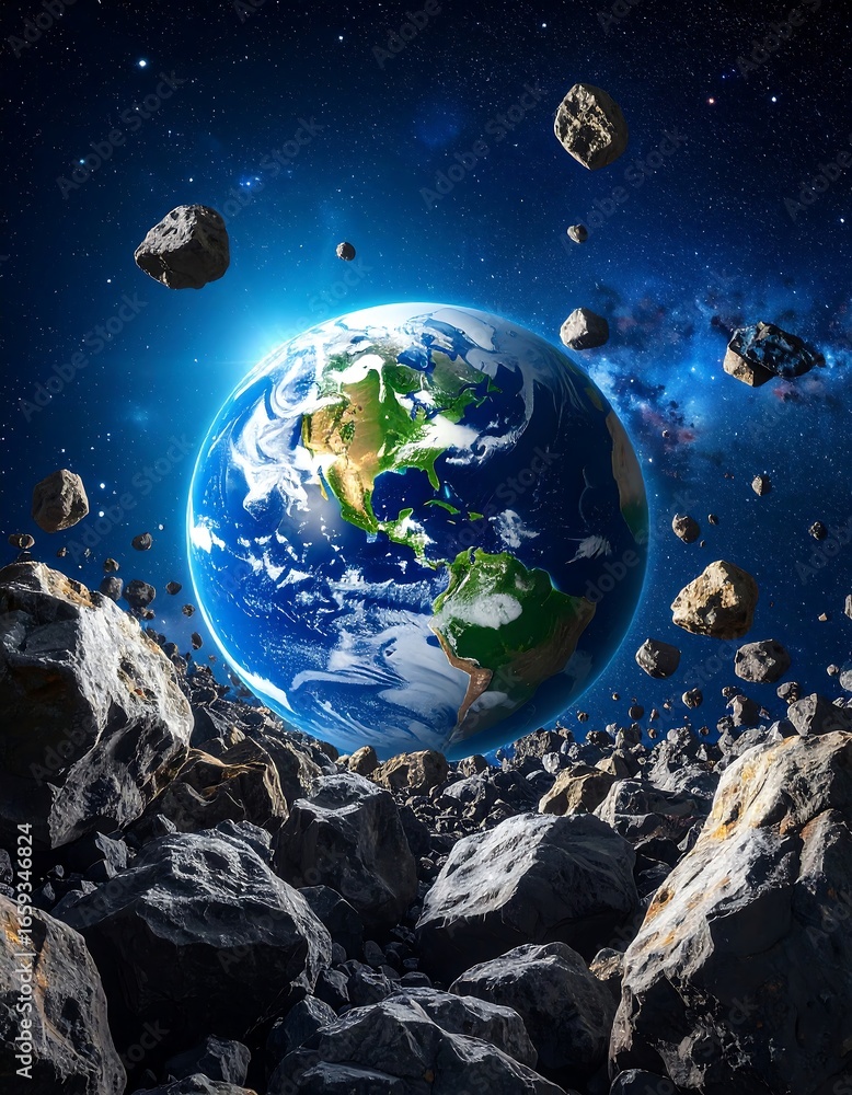 Obraz premium Earth Surrounded by Asteroids in Space