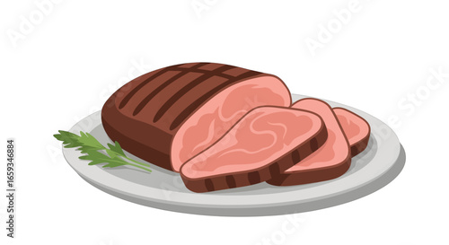 Pixel Art Illustration of Grilled Beef Steak Slices on a White Plate Garnished with Herbs in a Clean Studio Shot