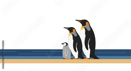Pixelated Penguins Family on a Sandy Beach by the Blue Sea in a Minimalist Cartoon Style