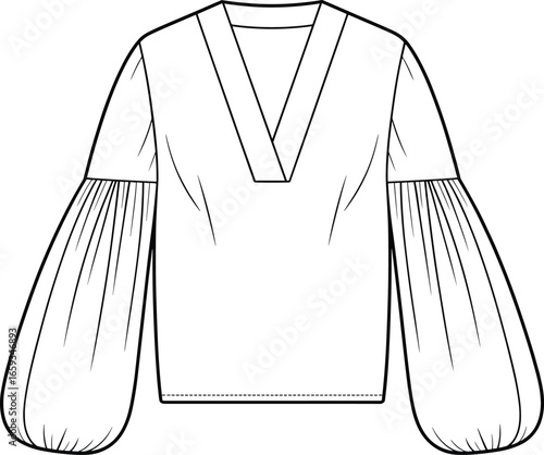 Elegant blouse design, V-neck top, voluminous sleeves, fashion sketch, CAD drawing, flat vector illustration, trendy apparel, stylish garment, women's fashion