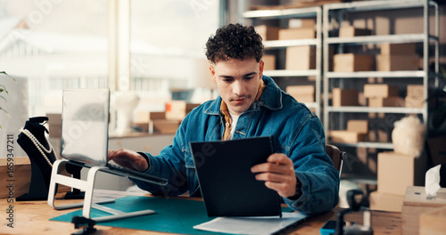 Obraz na plátne Logistics document, laptop and man in office for ecommerce, procurement or distribution