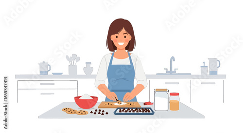 Woman Cutting Dough on Kitchen Table with Baking Ingredients in White Kitchen Interior Flat Vector Illustration