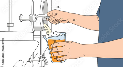 Refreshing Drink Being Poured From Tap into Glass with Visible Hands in Clean White and Blue Cartoon Illustration
