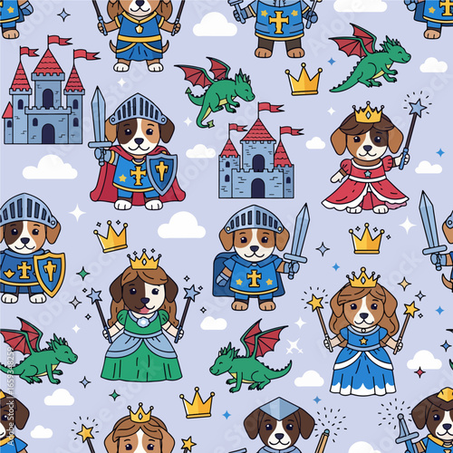 A whimsical seamless pattern depicts a fairytale kingdom of chivalrous dog knights, magical princesses, friendly dragons, and majestic castles.