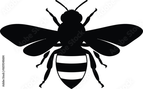 A black silhouette of a honeybee with spread wings and white stripes on its abdomen, viewed from above.