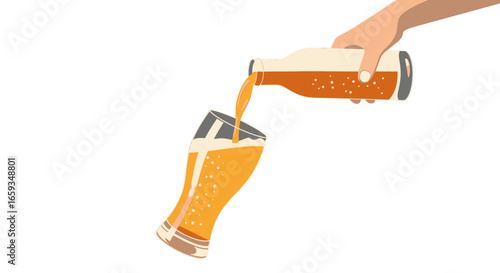 Isometric Hand Pouring Golden Beer into Glass with White Foam in Simple Isolated Style