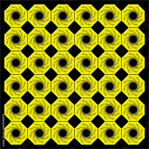 Radiant yellow spirals align in perfect symmetry, resembling glowing gateways of light, forming endless geometric harmony within structured black voids.